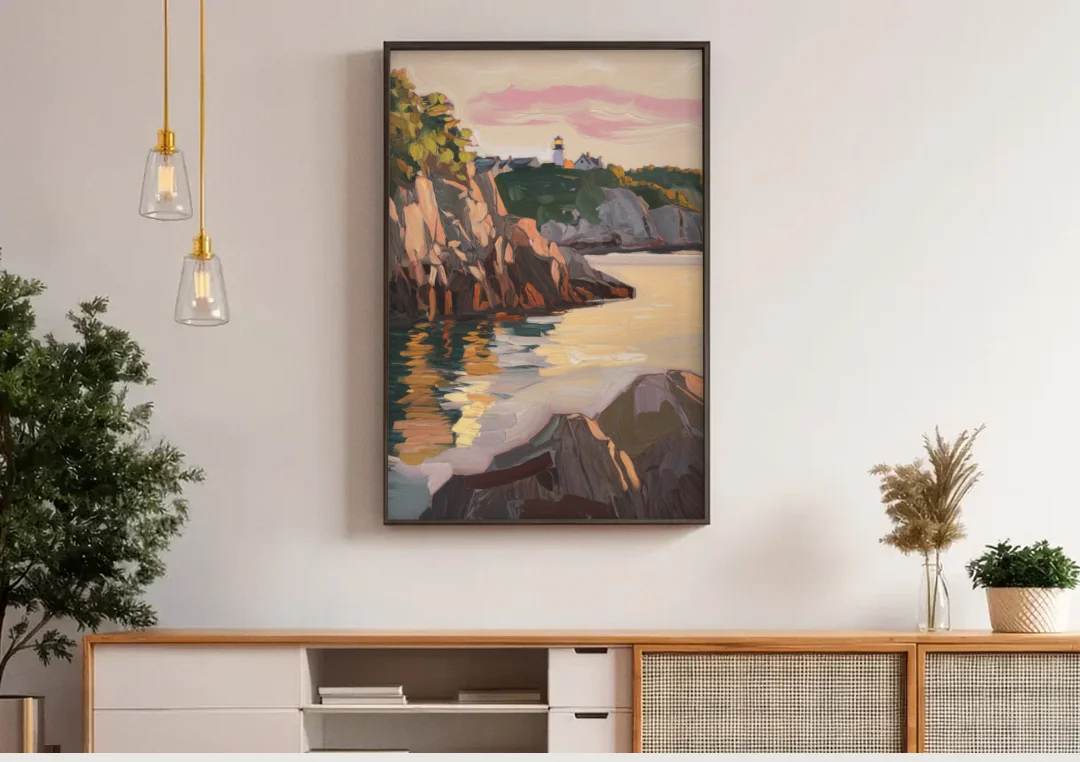 Bar Harbor Scenic Coastline canvas wall art above a wooden sideboard under pendant lights