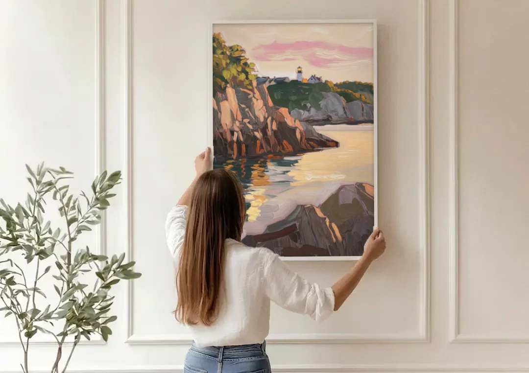 Bar Harbor Scenic Coastline canvas wall art being hung on a paneled wall