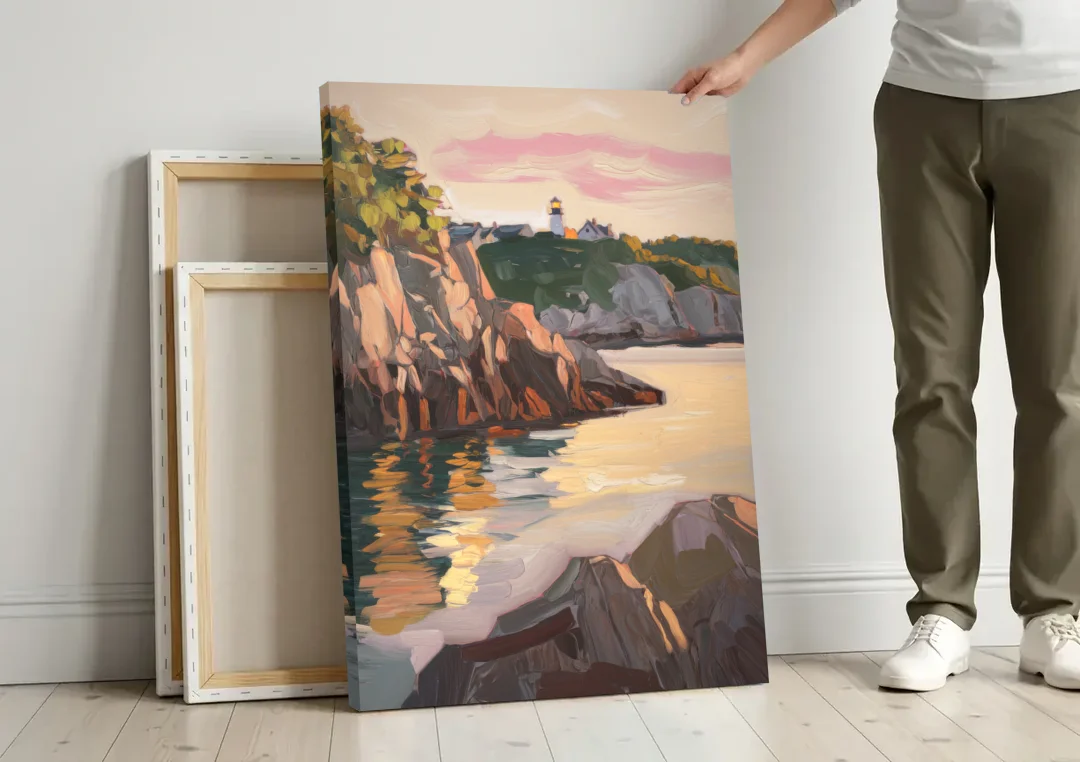 Bar Harbor Scenic Coastline canvas wall art leaning against a wall next to blank canvases