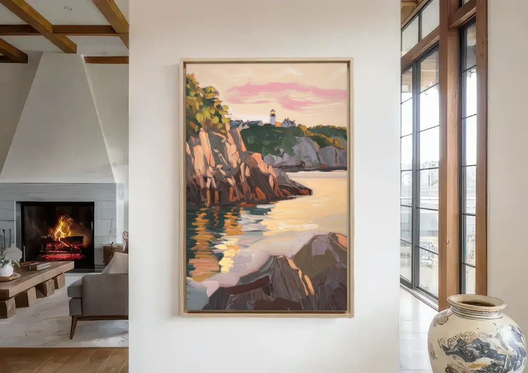 Bar Harbor Scenic Coastline canvas wall art in a living room with a fireplace