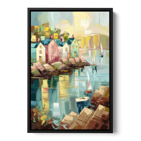 Bar Harbor Seaside Village - Black Framed Canvas Wall Art - Front