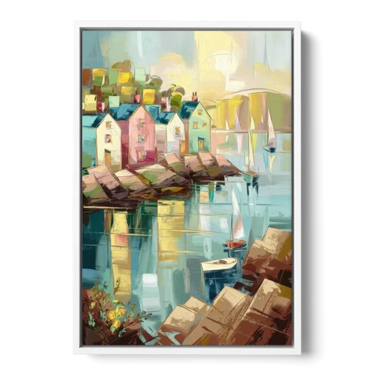 Bar Harbor Seaside Village - White Framed Canvas Wall Art - Front