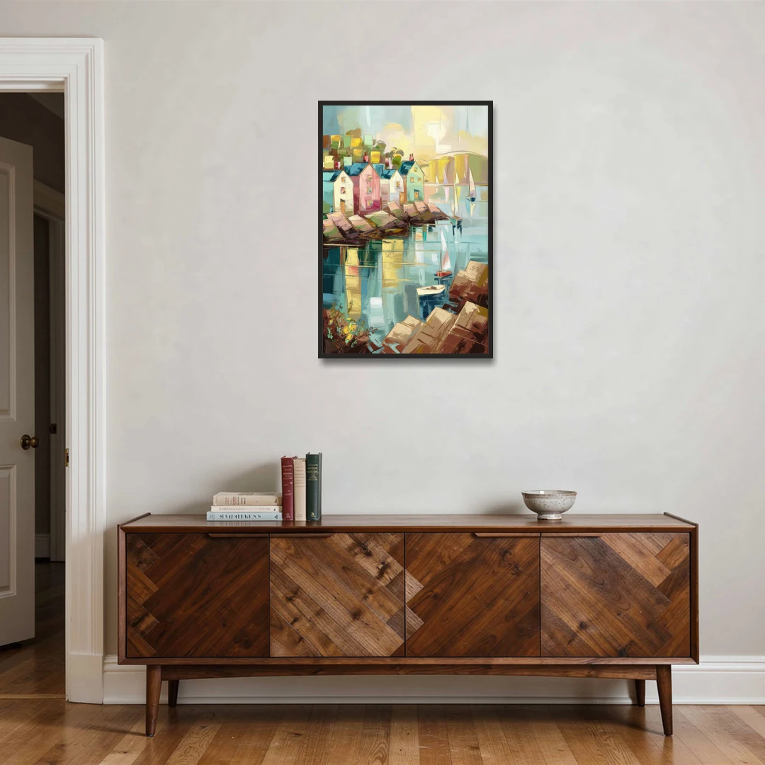 Bar Harbor Seaside Village - Black Framed Canvas Wall Art - Coffee Table - 24x36