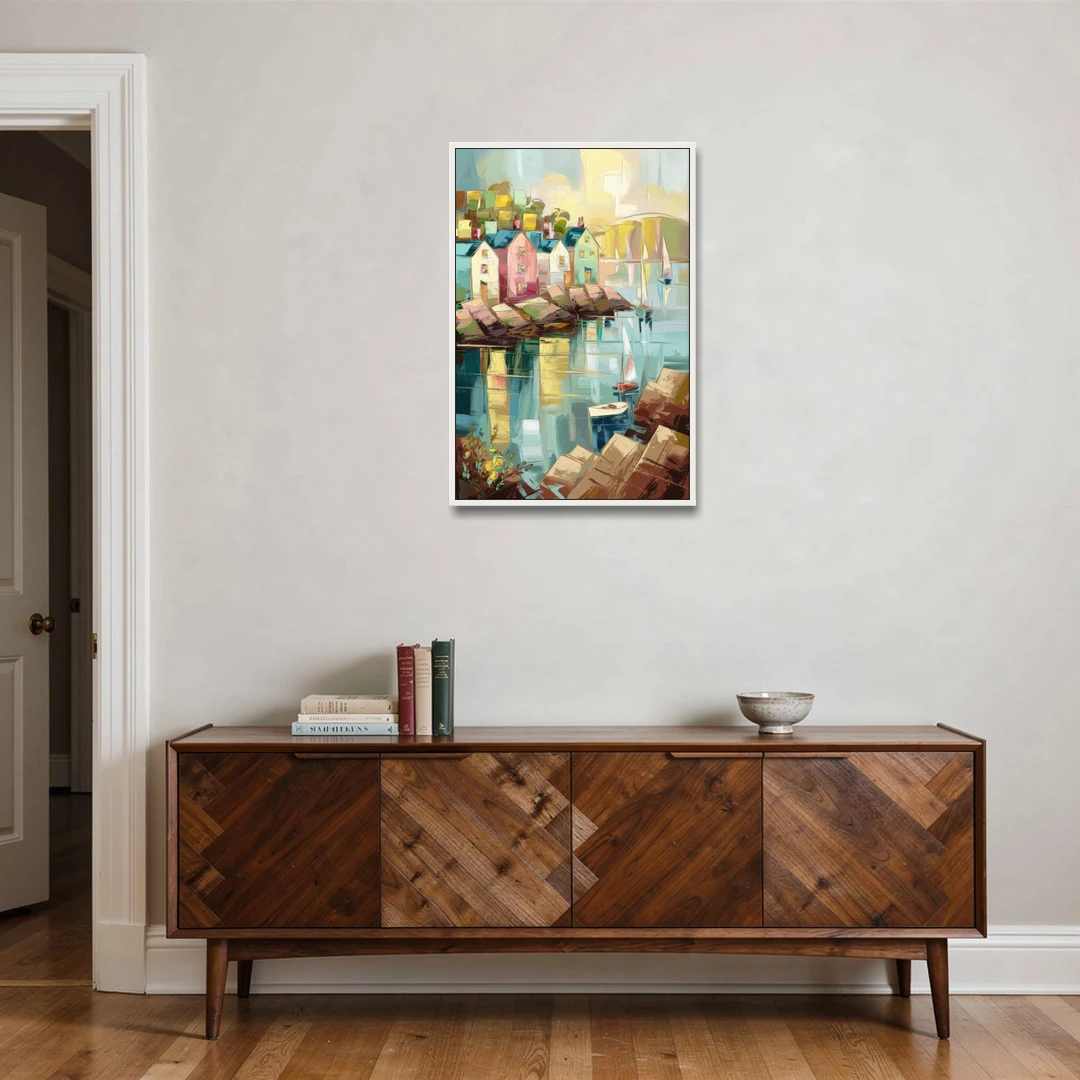 Bar Harbor Seaside Village - White Framed Canvas Wall Art - Coffee Table - 24x36