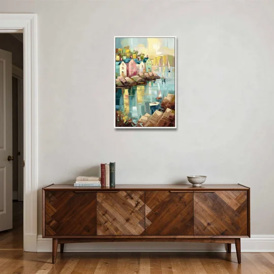 Bar Harbor Seaside Village - White Framed Canvas Wall Art - Coffee Table - 24x36