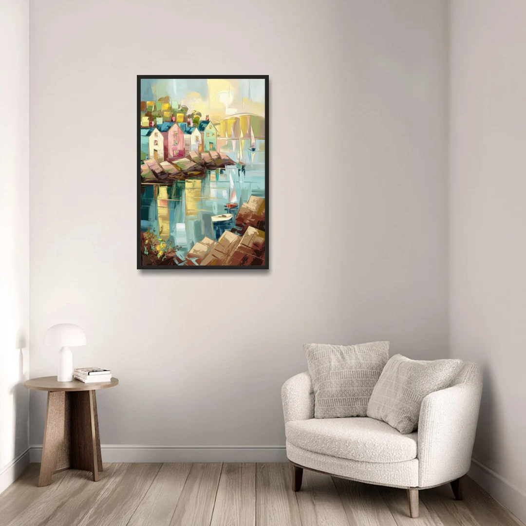 Bar Harbor Seaside Village - Black Framed Canvas Wall Art - Sofa - 24x36