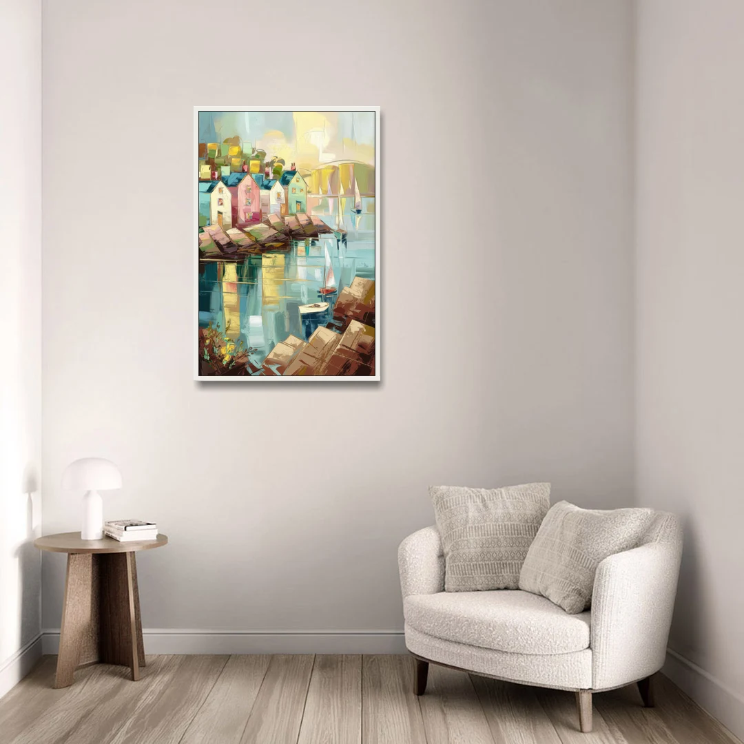 Bar Harbor Seaside Village - White Framed Canvas Wall Art - Sofa - 24x36