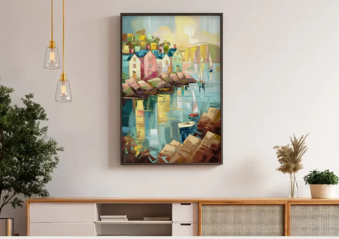 Bar Harbor Seaside Village canvas wall art above a wooden sideboard under pendant lights