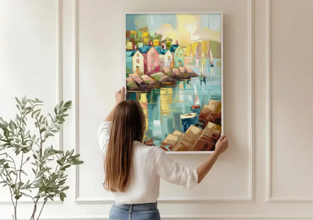 Bar Harbor Seaside Village canvas wall art being hung on a paneled wall
