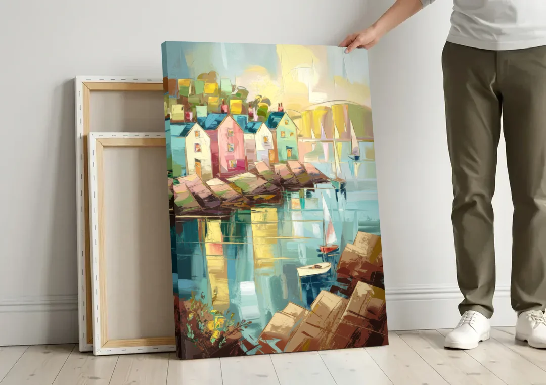 Bar Harbor Seaside Village canvas wall art leaning against a wall next to blank canvases