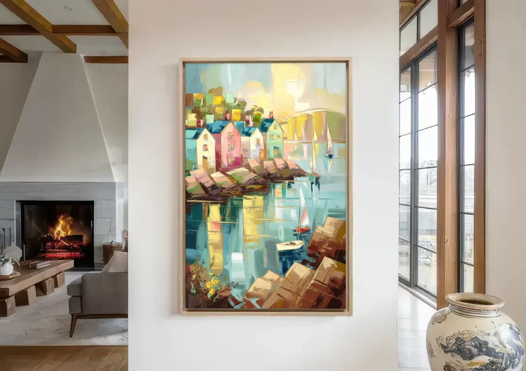 Bar Harbor Seaside Village canvas wall art in a living room with a fireplace