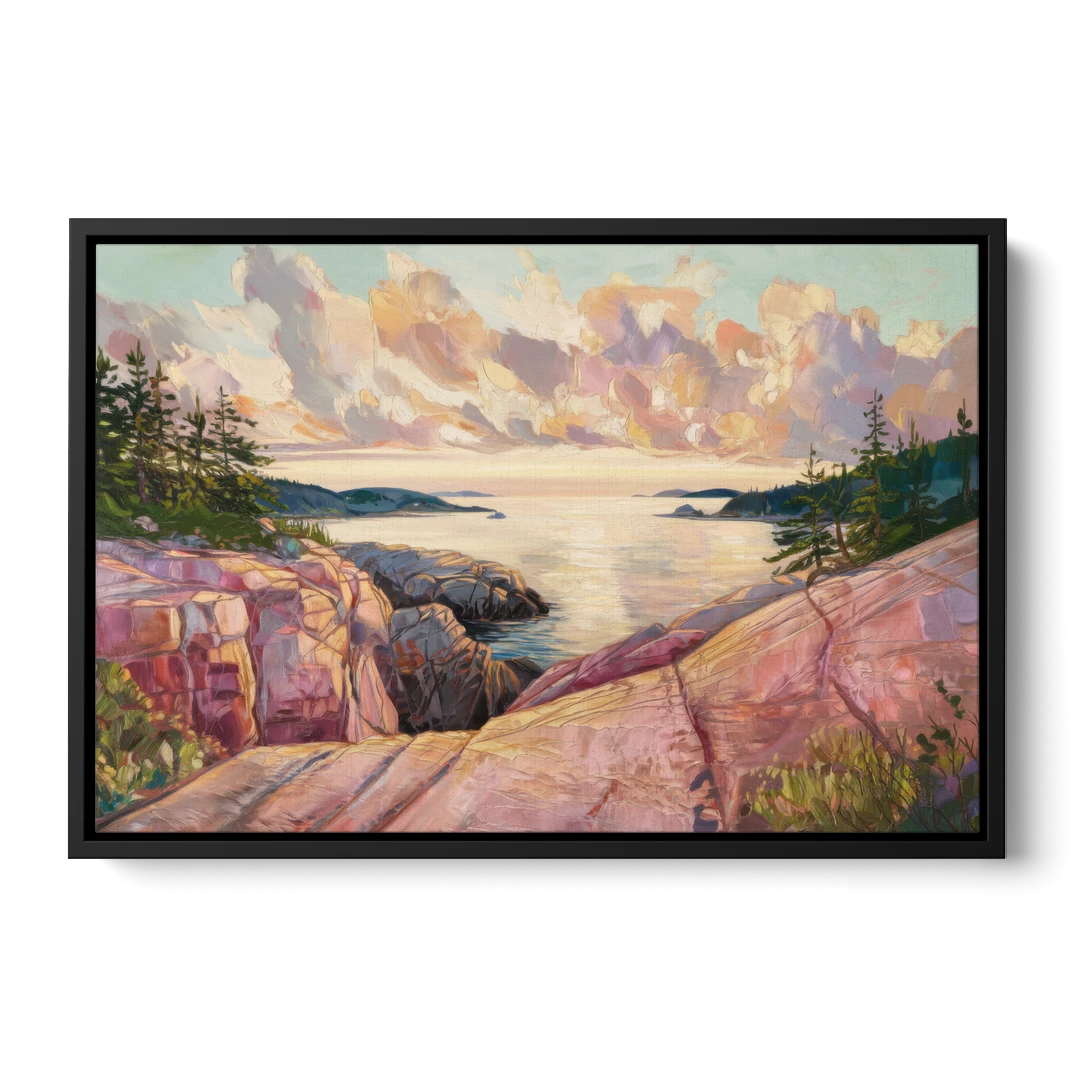 Bar Harbor Sunrise Over Acadia - Black Framed Canvas Wall Art - Front