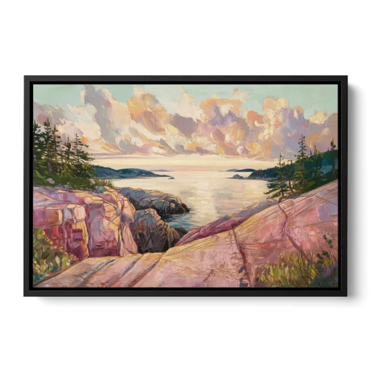 Bar Harbor Sunrise Over Acadia - Black Framed Canvas Wall Art - Front