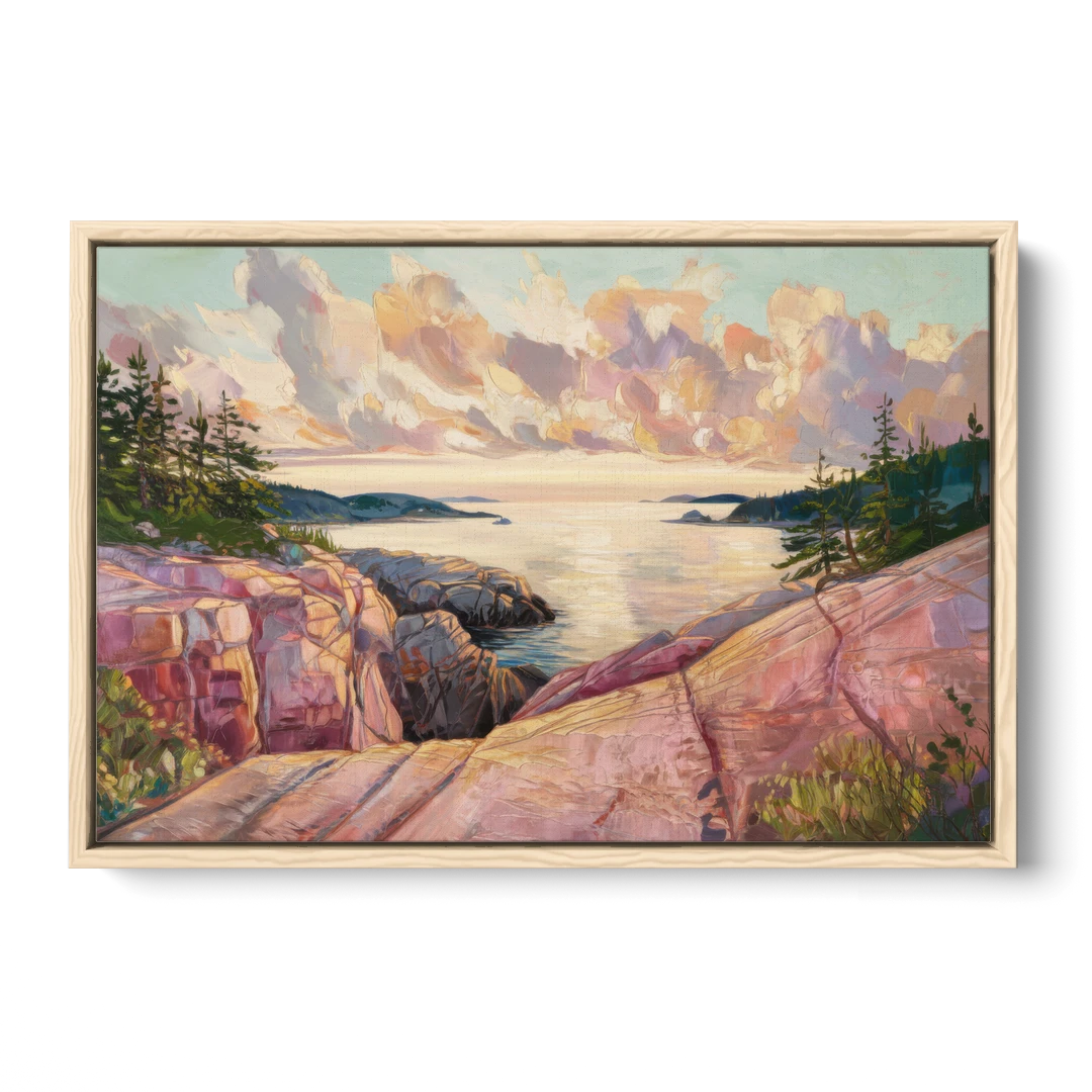 Bar Harbor Sunrise Over Acadia - Oak Framed Canvas Wall Art - Front