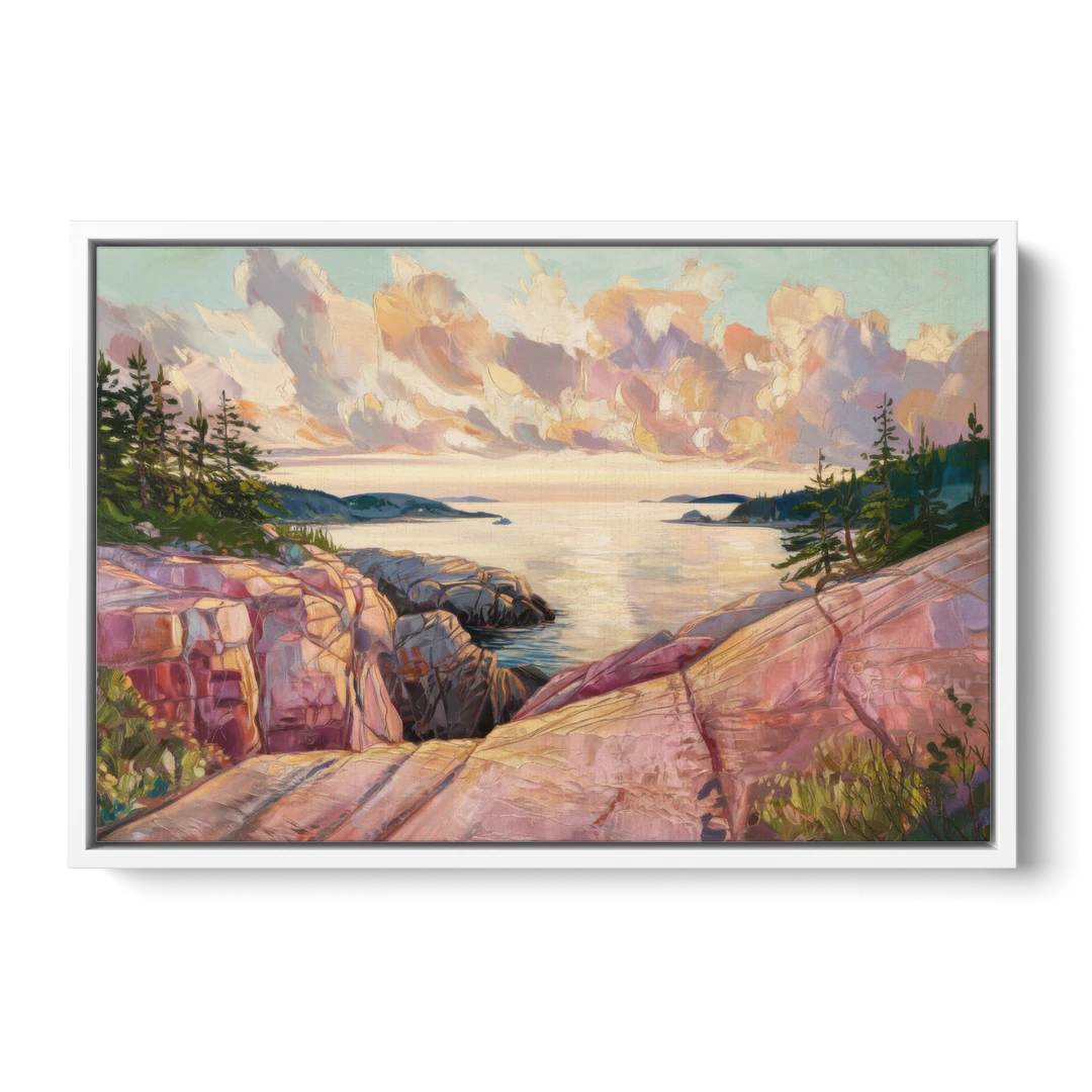 Bar Harbor Sunrise Over Acadia - White Framed Canvas Wall Art - Front