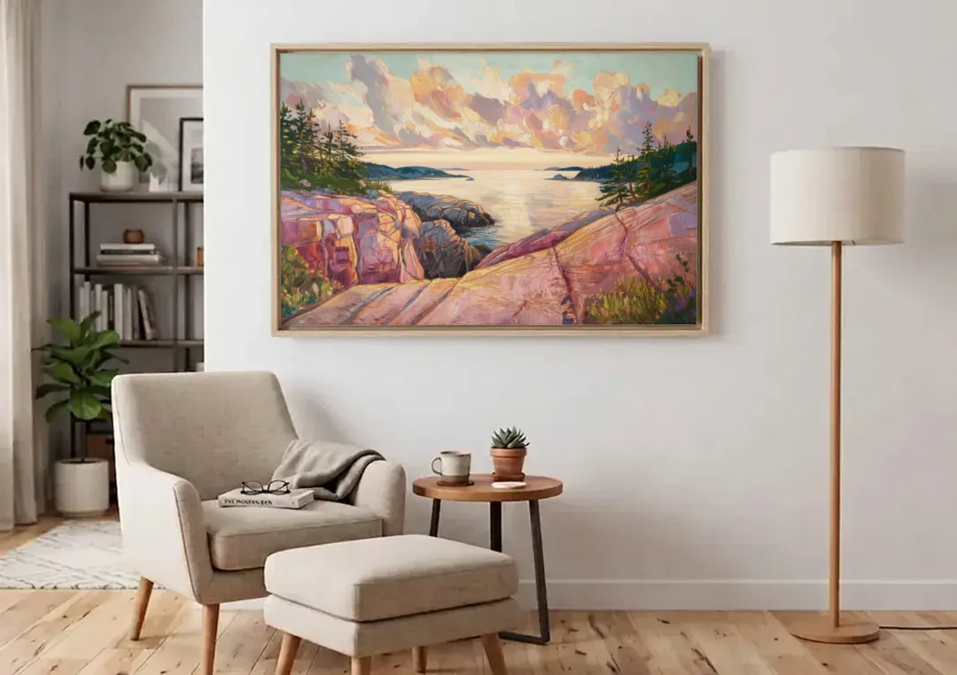 Bar Harbor Sunrise Over Acadia canvas wall art above an armchair in a bright living room