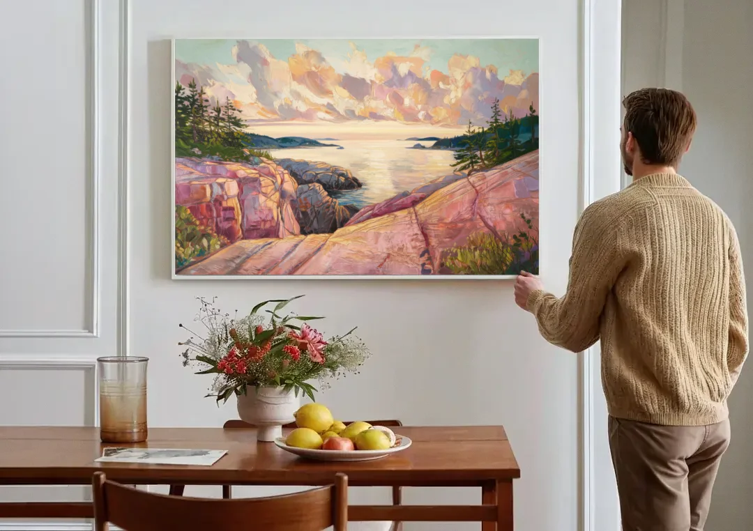 Bar Harbor Sunrise Over Acadia canvas wall art above a dining table