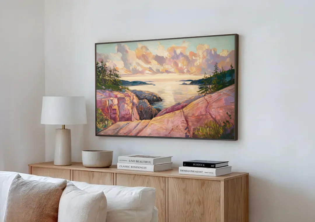 Bar Harbor Sunrise Over Acadia canvas wall art above a wooden sideboard next to a sofa