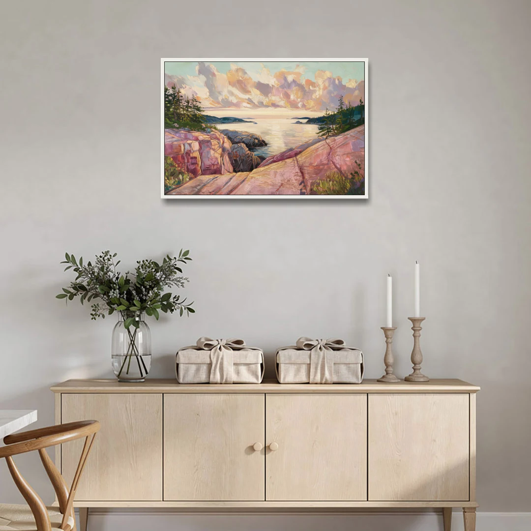 Bar Harbor Sunrise Over Acadia - White Framed Canvas Wall Art - Coffee Table - 36x24