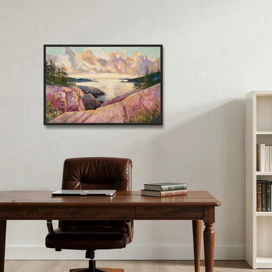 Bar Harbor Sunrise Over Acadia - Black Framed Canvas Wall Art - Office - 36x24