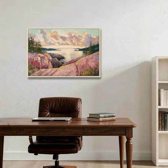 Bar Harbor Sunrise Over Acadia - Oak Framed Canvas Wall Art - Office - 36x24