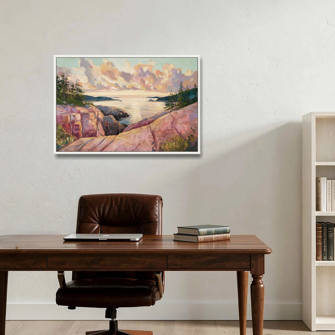 Bar Harbor Sunrise Over Acadia - White Framed Canvas Wall Art - Office - 36x24