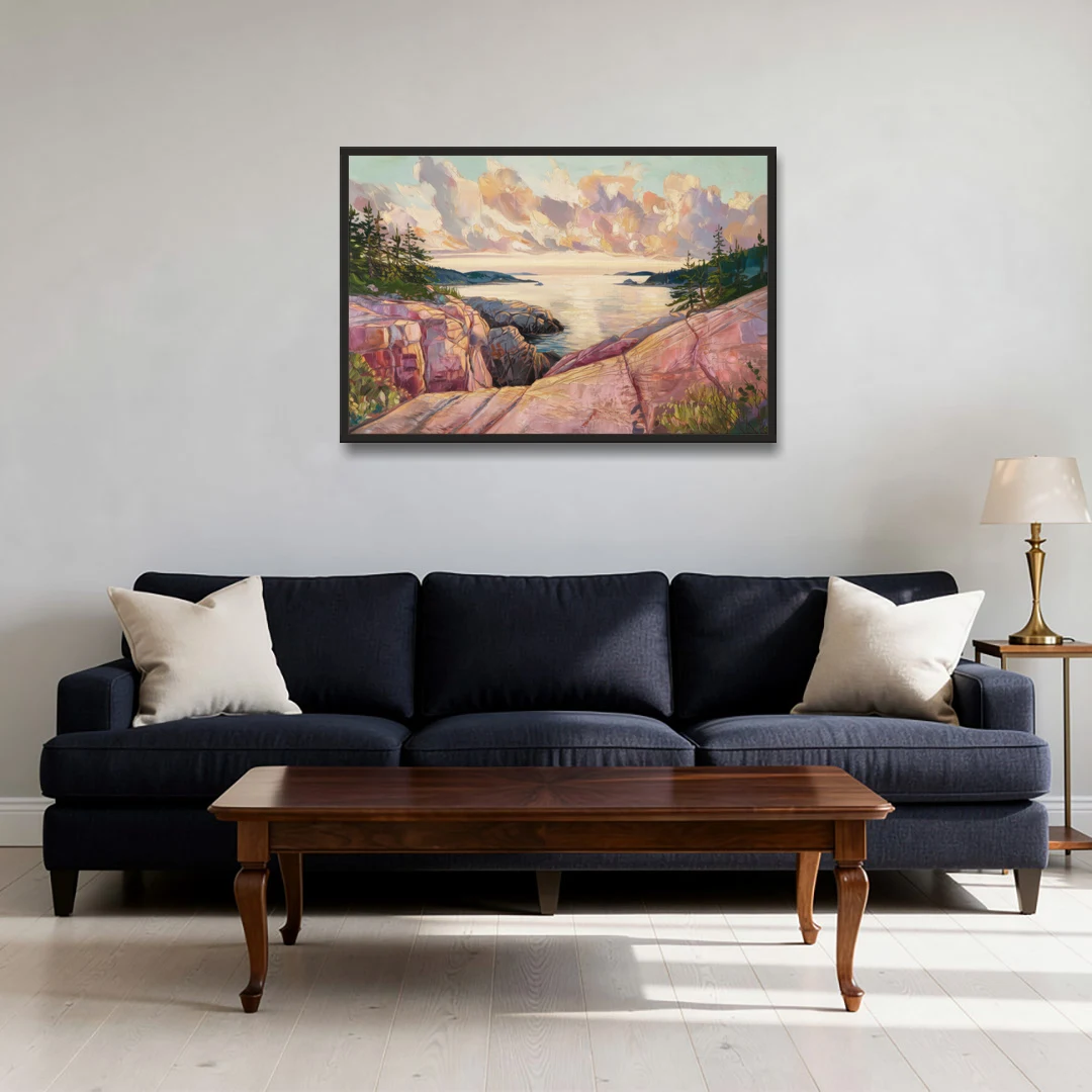 Bar Harbor Sunrise Over Acadia - Black Framed Canvas Wall Art - Sofa - 36x24