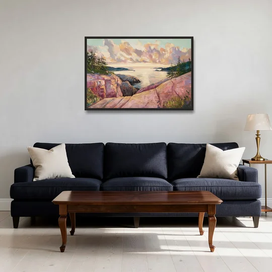 Bar Harbor Sunrise Over Acadia - Black Framed Canvas Wall Art - Sofa - 36x24