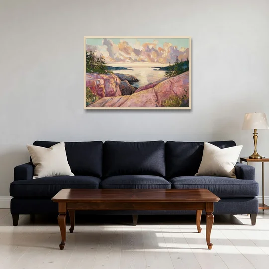 Bar Harbor Sunrise Over Acadia - Oak Framed Canvas Wall Art - Sofa - 36x24