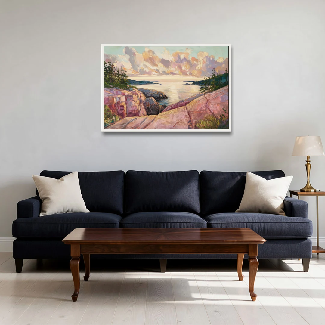 Bar Harbor Sunrise Over Acadia - White Framed Canvas Wall Art - Sofa - 36x24