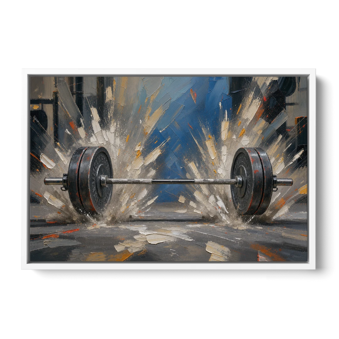 Barbell Painting with Chalk Dust Burst - White Framed Canvas Wall Art - Front