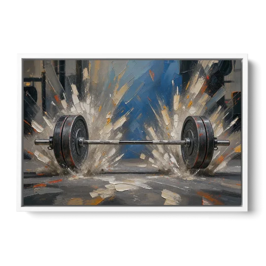Barbell Painting with Chalk Dust Burst - White Framed Canvas Wall Art - Front