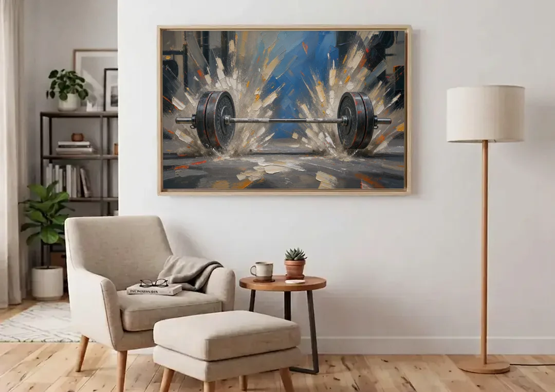 Barbell Painting with Chalk Dust Burst canvas wall art above an armchair in a bright living room