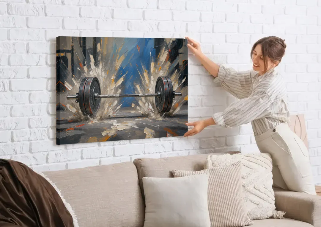 Barbell Painting with Chalk Dust Burst canvas wall art being hung on a white brick wall above a sofa