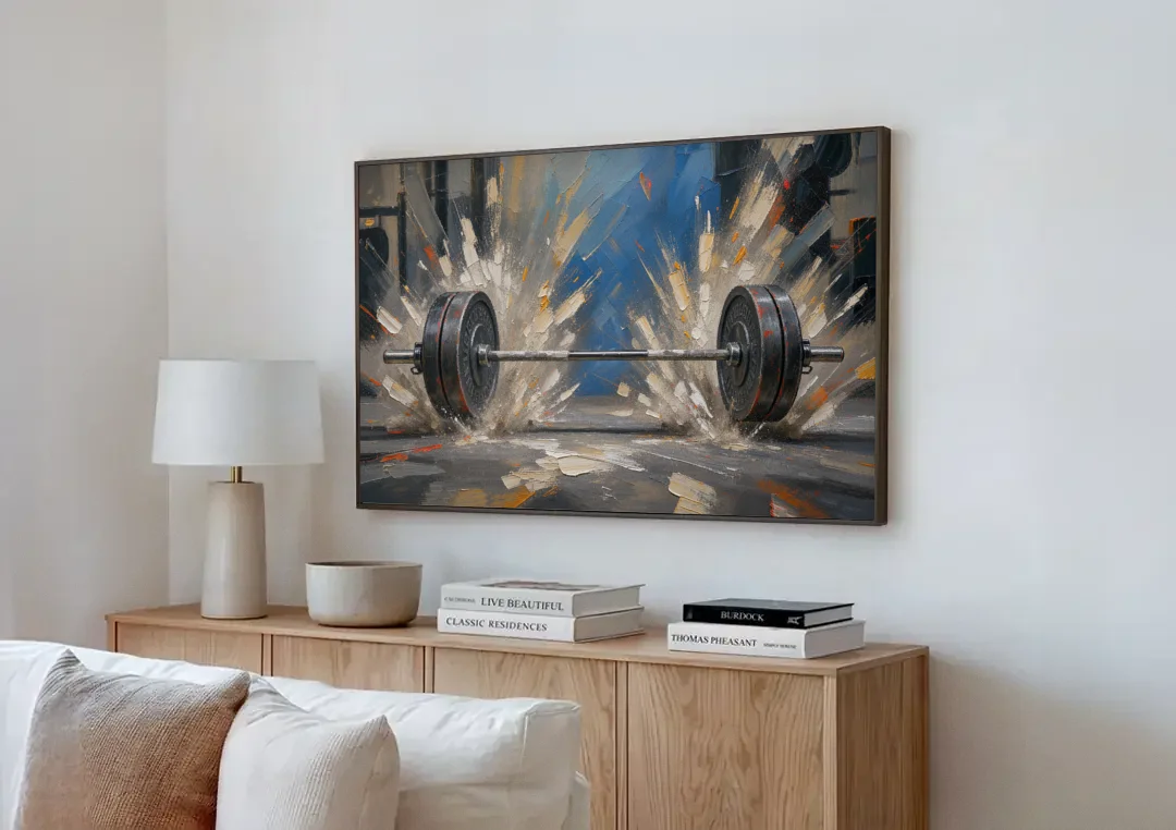 Barbell Painting with Chalk Dust Burst canvas wall art above a wooden sideboard next to a sofa
