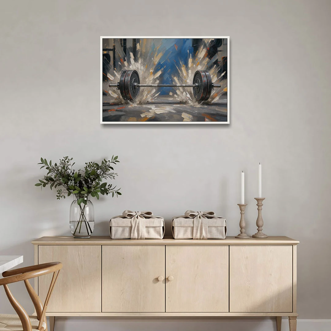 Barbell Painting with Chalk Dust Burst - White Framed Canvas Wall Art - Coffee Table - 36x24