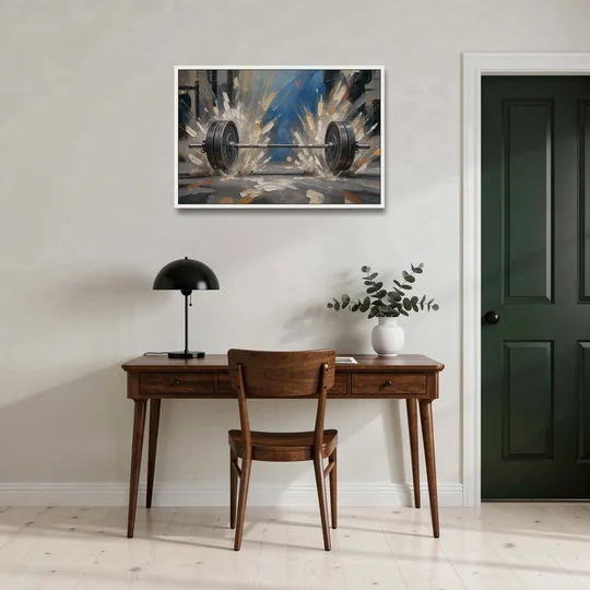 Barbell Painting with Chalk Dust Burst - White Framed Canvas Wall Art - Office - 36x24