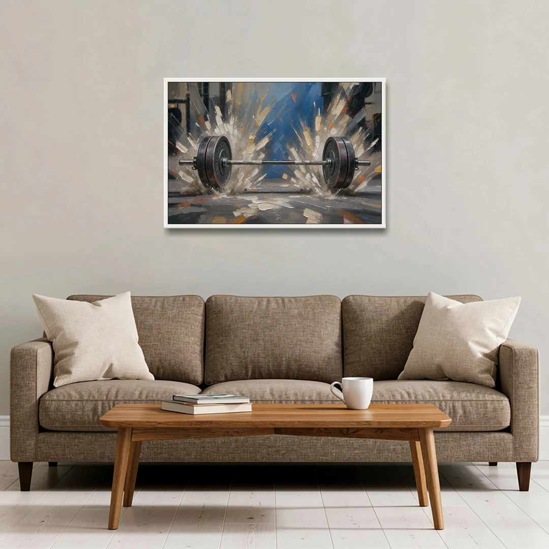 Barbell Painting with Chalk Dust Burst - White Framed Canvas Wall Art - Sofa - 36x24