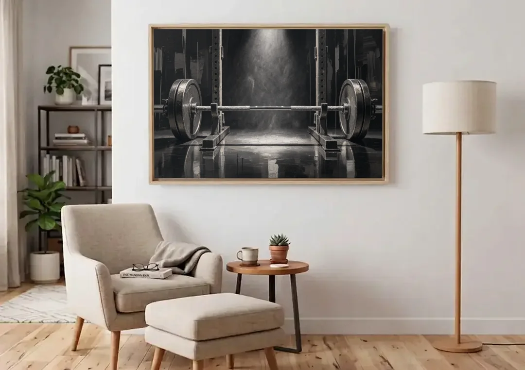Barbell Wall Art in the Chalk Dust Spotlight canvas wall art above an armchair in a bright living room