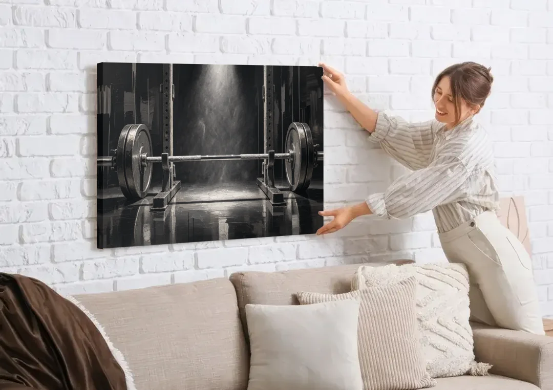 Barbell Wall Art in the Chalk Dust Spotlight canvas wall art being hung on a white brick wall above a sofa