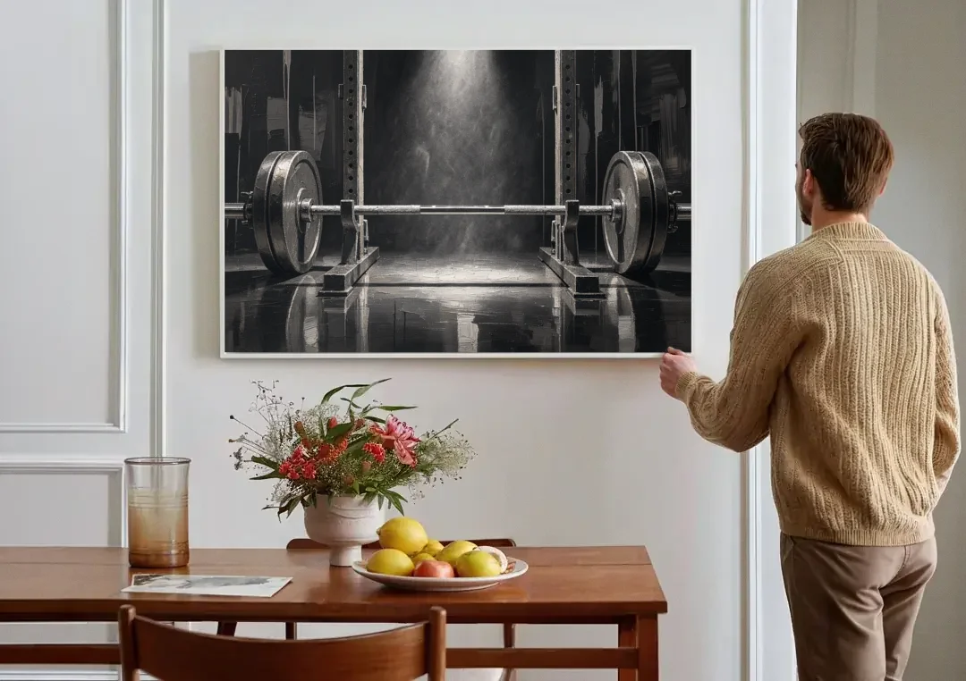 Barbell Wall Art in the Chalk Dust Spotlight canvas wall art above a dining table