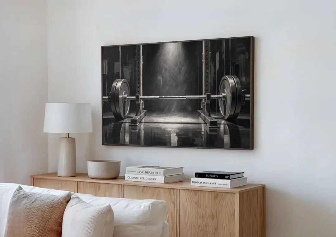 Barbell Wall Art in the Chalk Dust Spotlight canvas wall art above a wooden sideboard next to a sofa