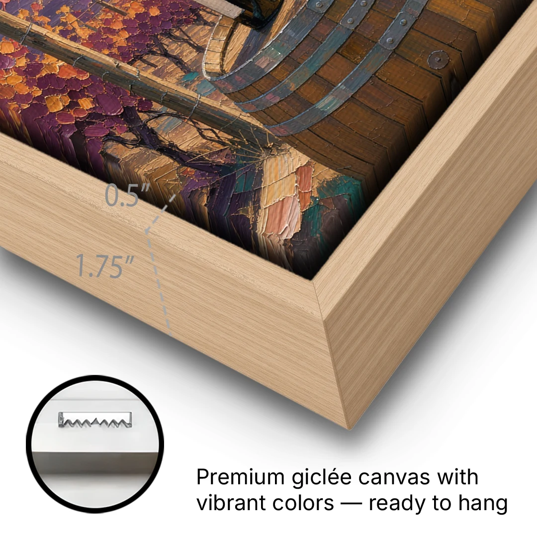 Barrel Table Above the River for the Dining Room - Oak Framed Canvas Wall Art - Gallery Wrap Corner