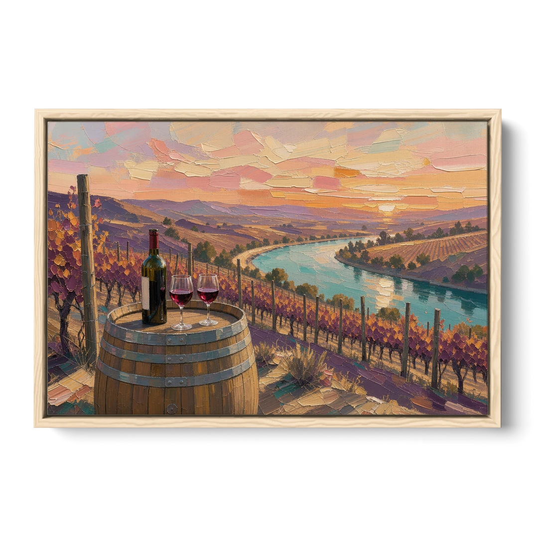 Barrel Table Above the River for the Dining Room - Oak Framed Canvas Wall Art - Front