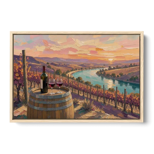 Barrel Table Above the River for the Dining Room - Oak Framed Canvas Wall Art - Front