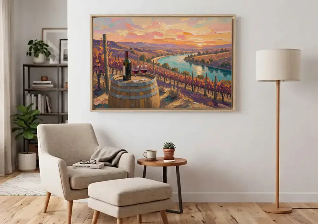 Barrel Table Above the River for the Dining Room canvas wall art above an armchair in a bright living room