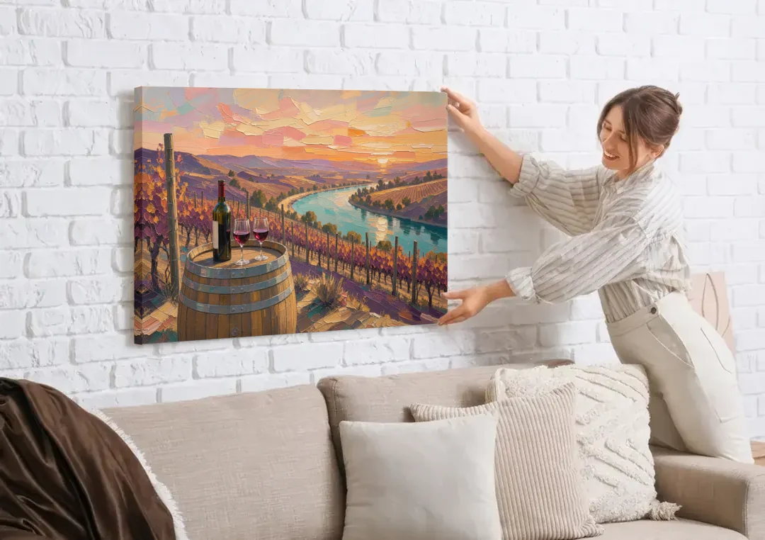 Barrel Table Above the River for the Dining Room canvas wall art being hung on a white brick wall above a sofa