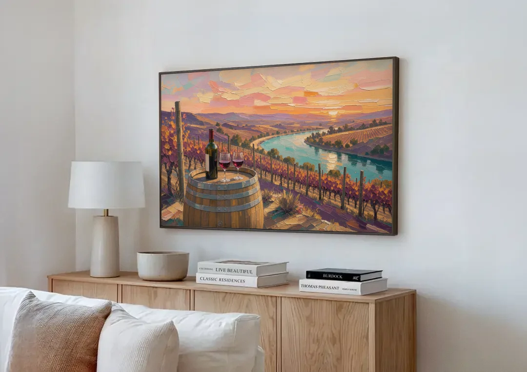 Barrel Table Above the River for the Dining Room canvas wall art above a wooden sideboard next to a sofa