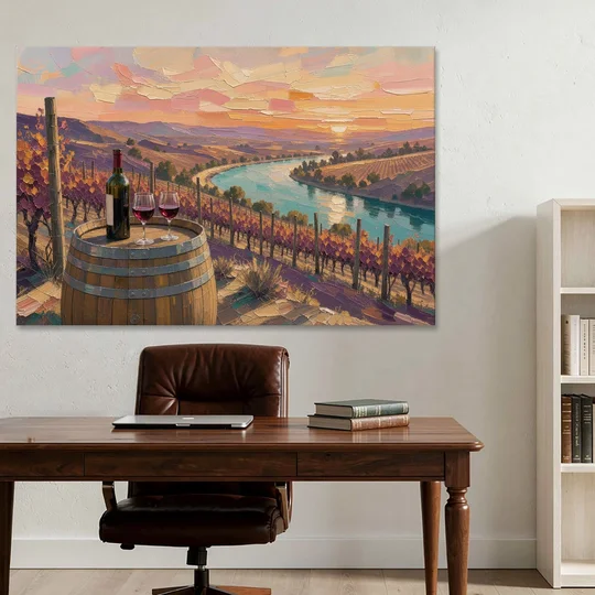 Barrel Table Above the River for the Dining Room - Canvas Wall Art - Office - 60x40