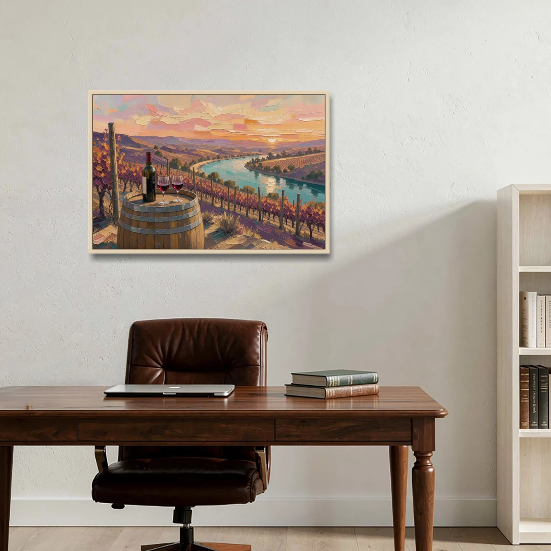 Barrel Table Above the River for the Dining Room - Oak Framed Canvas Wall Art - Office - 36x24